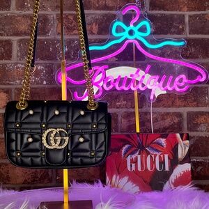 Designer Inspired “GG” Black w/Pearl & Gold Accents Shoulder Bag